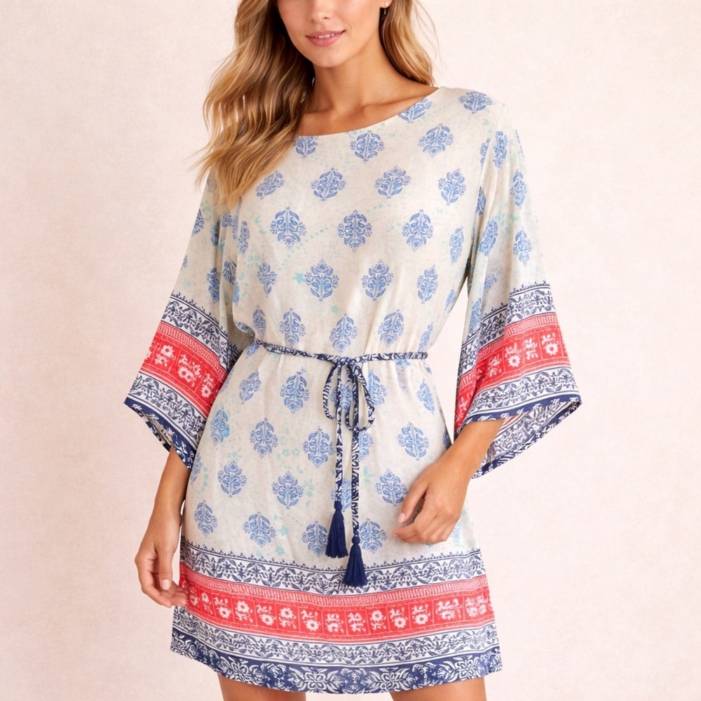 Boho Kimono Sleeve Tunic Dress Ivory Blue Orange Print Tassel Tie Dress Small